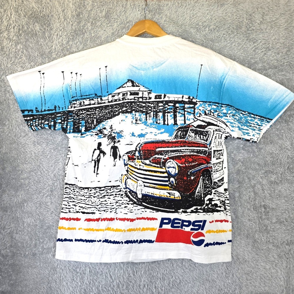 Vtg 90s PEPSI All Over Print T-Shirt XL AOP Woodie Wagon Beach Single Stitch USA - Picture 2 of 7